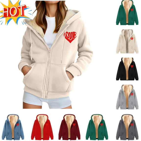 Vibrex Women's Sherpa Lined Hoodies Full Zip up Fleece Sweatshirts Fall Winter Warm Jacket with Pockets Beige_M