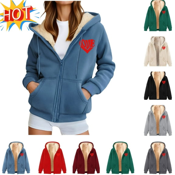 Vibrex Women's Sherpa Lined Hoodies Full Zip up Fleece Sweatshirts Fall Winter Warm Jacket with Pockets Navy_XL