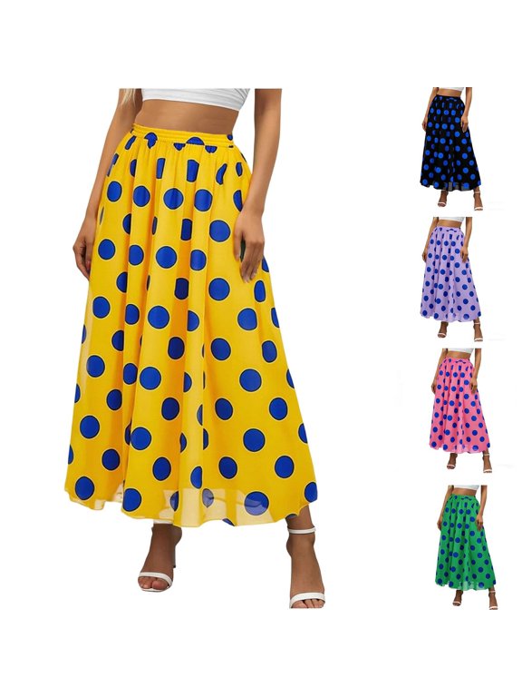 Vibrex Women's Skirt Women's Chiffon Print Skirt Women's High Waist Elastic Skirt A-Line Long Skirt Perfect For Dancing,Dating,Dinners,Travel,Vacation And Daily Wear_Yellow_L