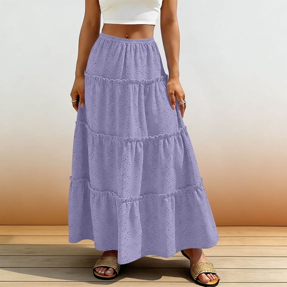 Vibrex Women's Skirt Women's Solid Color Skirt Women's Elastic Waist Skirt Women's Wavy Ruffle Long Skirt Perfect For Dancing,Dating,Dinners,Travel,Vacation And Daily Wear_Purple_M