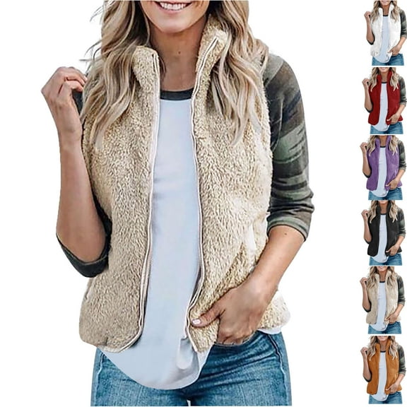 Vibrex Women's Solid Color Fuzzy Fleece Vest Oversized Sleeveless Jacket Warm Button Down Gilet Outerwear with Pockets Womens Vest Sleeveless Jackets Zip Up Casual Coats Fall Winter Womens Tops