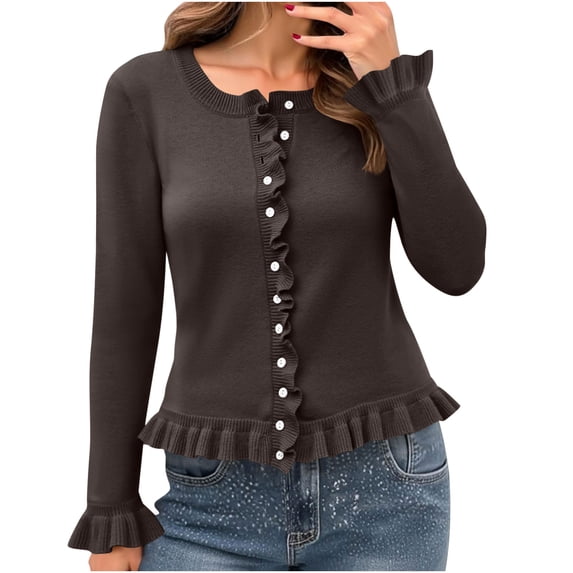 Vibrex Women's Solid Color Round Neck Knitted Sweater Button Up Cardigan Top Wave Lace Long Sleeve Round-Neck Cardigan Knit Sweater Fall Winter Trendy Outerwear Travel Clothes Women Fitted Tops