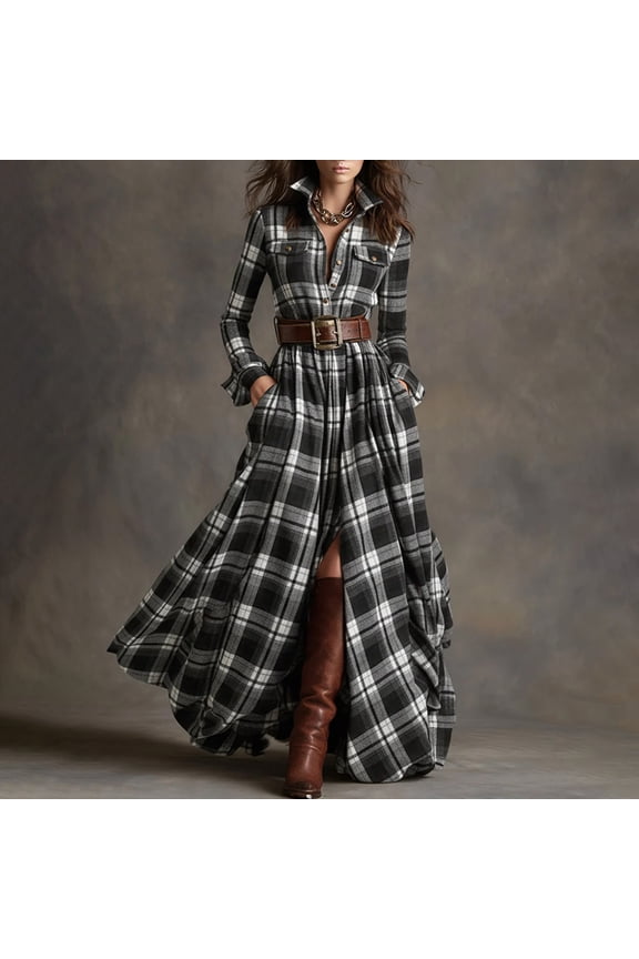 Women's Stand Collar Dress Women's Plaid Irregular Long Sleeved Collared Button Up Shirt Jacket Dress With Belt _Black_S