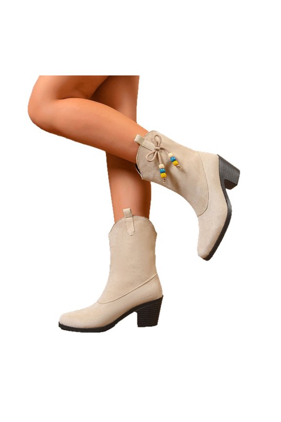Women's Suede Mid Calf Boots Comfortable Low Block Heel Casual Boots Women Fashion Fall Winter Pointed Bow Beaded Boots