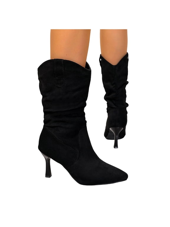 Women's Suede Mid Heel Slouchy Boots Fashion Wrinkles Pointed Toe Pull On Mid Calf Booties for Fall Winter Causal Daily Work