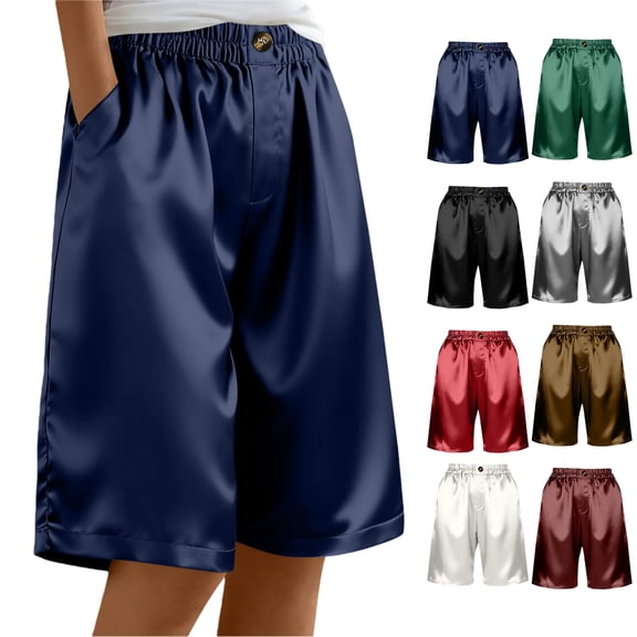 Vibrex Women's Summer Satin Solid Color Loose Straight Leg Shorts - Casual 5-Inch Length with Side Pockets, Elastic Waist Fashion Comfortable Lounge & Daily Wear Trousers
