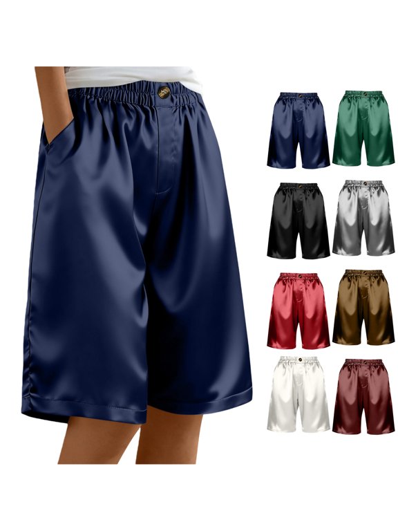 Women's Summer Satin Solid Color Loose Straight Leg Shorts - Casual 5-Inch Length with Side Pockets, Elastic Waist Fashion Comfortable Lounge & Daily Wear Trousers