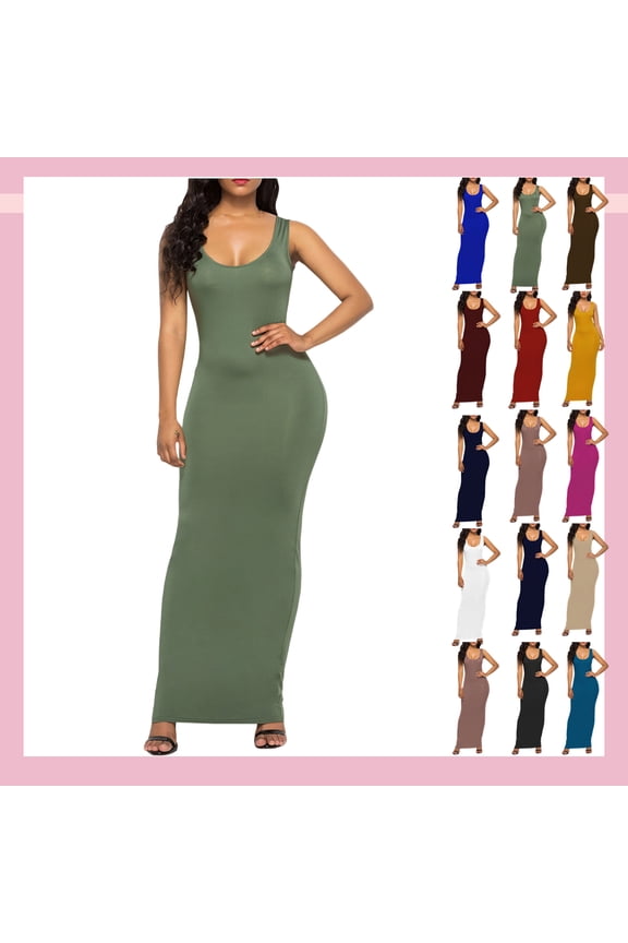 Women's Summer Sleeveless Scoop Neck Solid Maxi Dress - Stretchy Bodycon Long Dress for Daily, Beach, Date Night & Casual Outings,Army Green_M