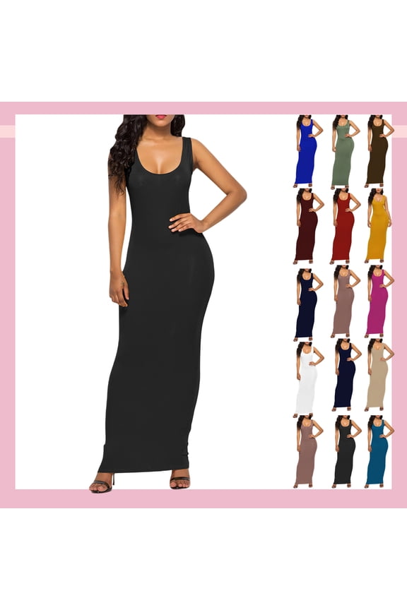 Women's Summer Sleeveless Scoop Neck Solid Maxi Dress - Stretchy Bodycon Long Dress for Daily, Beach, Date Night & Casual Outings,Black_2XL