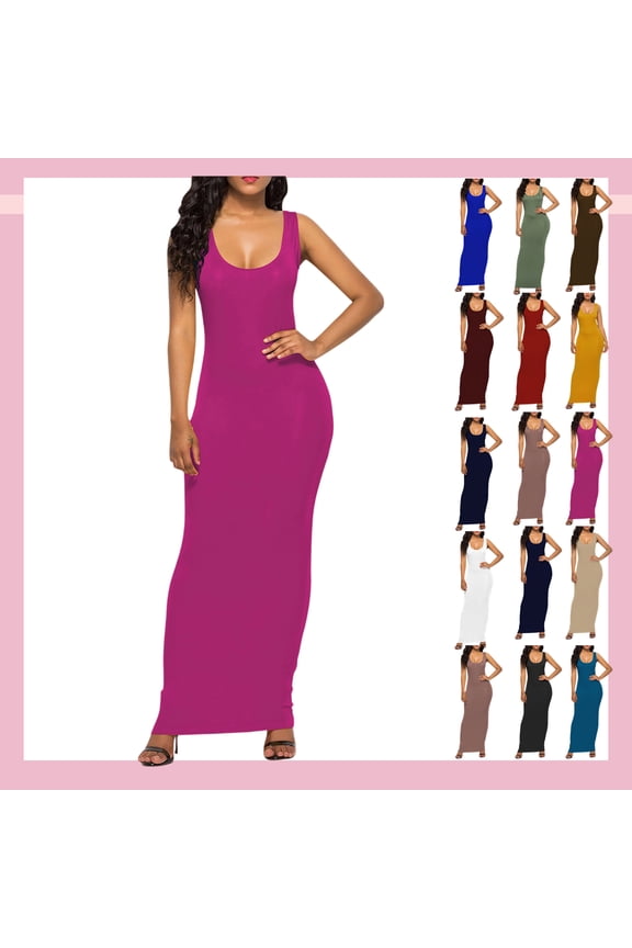 Women's Summer Sleeveless Scoop Neck Solid Maxi Dress - Stretchy Bodycon Long Dress for Daily, Beach, Date Night & Casual Outings,Hot Pink_2XL