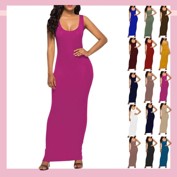 Vibrex Women's Summer Sleeveless Scoop Neck Solid Maxi Dress - Stretchy Bodycon Long Dress for Daily, Beach, Date Night & Casual Outings,Hot Pink_L