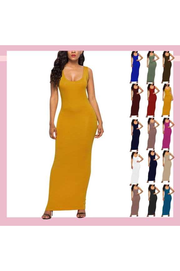 Women's Summer Sleeveless Scoop Neck Solid Maxi Dress - Stretchy Bodycon Long Dress for Daily, Beach, Date Night & Casual Outings,Yellow_S