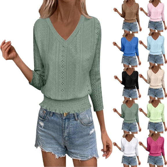 Vibrex Women's V Neck 3/4 Sleeve Tops Casual T Shirts Basic Summer Tees Loose Fit Pullover Tunic Fashion Women's Comfortable Solid Color Soft Breathable Blouse Elastic Hem Waist-Cinching Blouses
