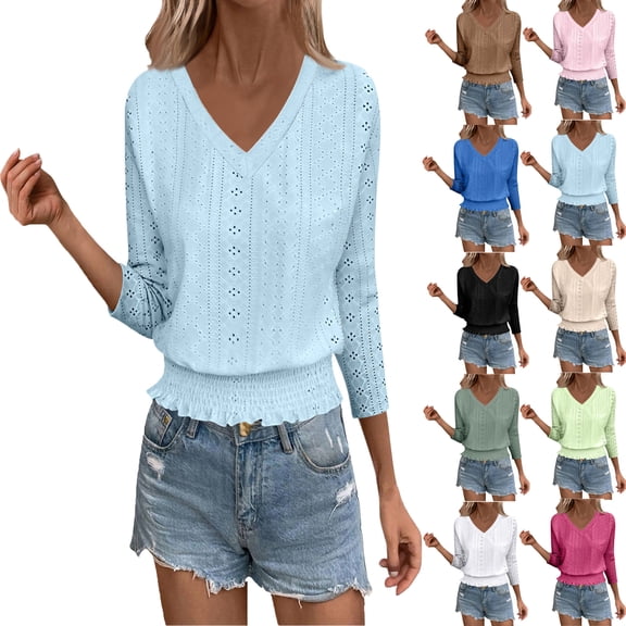 Vibrex Women's V Neck 3/4 Sleeve Tops Casual T Shirts Basic Summer Tees Loose Fit Pullover Tunic Fashion Women's Comfortable Solid Color Soft Breathable Blouse Elastic Hem Waist-Cinching Blouses