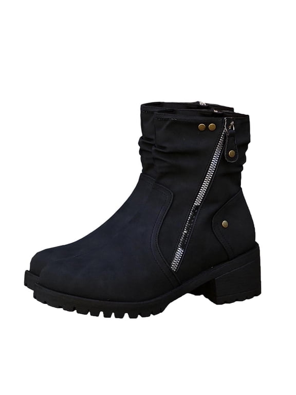 Women's Wide Width Boots Low Heel Side Zipper Slouchy Mid Calf Boots Comfortable Round Toe Fall Winter Casual Short Boots for Women
