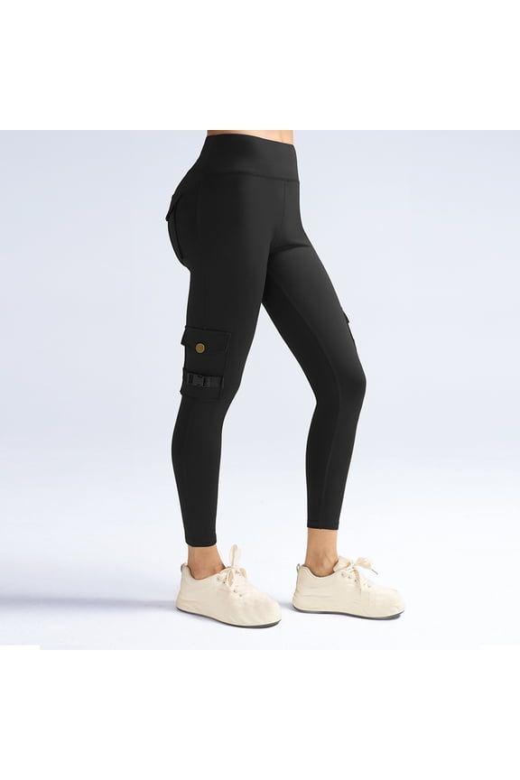 Women's Workwear Pocket Fitness Pants Stretch Fitness Pants High Waisted and Hip Lifting Yoga Pants_Black_XL