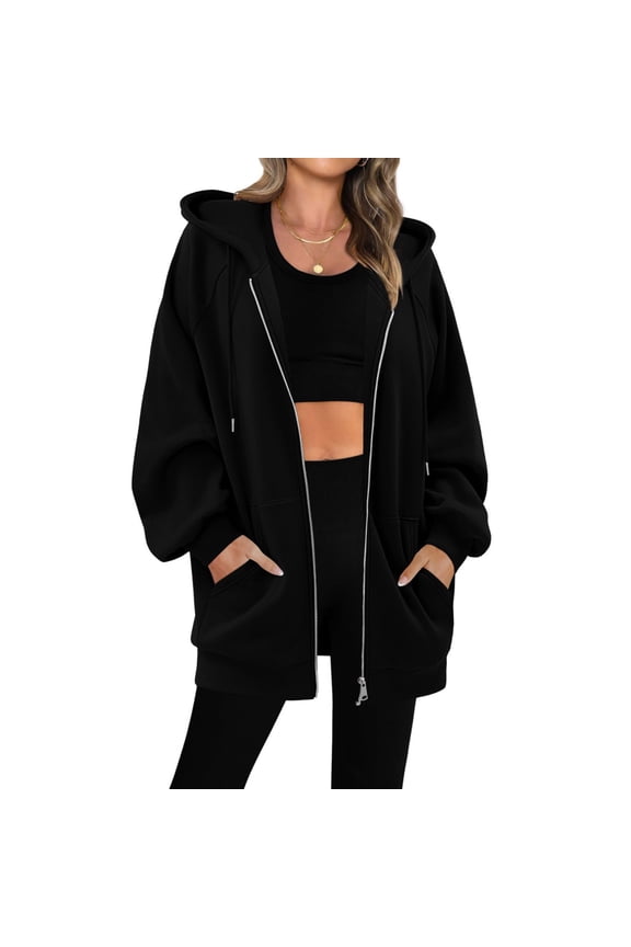 Women's Zip-Up Hoodies, Oversized Women'S Long-Sleeved Composite Velvet Hooded Casual Long Jacket, Long Windproof Jacket, Casual Fall Jacket Coat With Pocket
