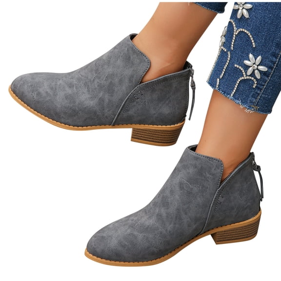 Vibrex Womens Casual Boots Women's Fashion Spring Fall Short Boots Solid Color Pointed Toe Back Zipper Thick Heel Low Heel Ankle Boots Casual Short Boots Comfortable Ankle Booties Trendy