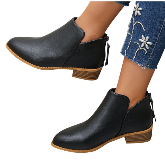 Vibrex Womens Casual Boots Women's Fashion Spring Fall Short Boots Solid Color Pointed Toe Back Zipper Thick Heel Low Heel Ankle Boots Casual Short Boots Comfortable Ankle Booties Trendy