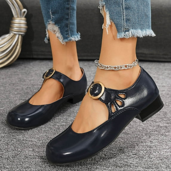 Vibrex Womens Chunky Loafers Women's Mary Jane Flats T-Strap Buckle Cutout Low Block Heel Comfortable Loafers Women's Shoes,Size:6.5
