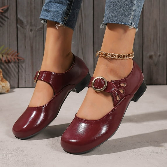 Vibrex Womens Chunky Loafers Women's Mary Jane Flats T-Strap Buckle Cutout Low Block Heel Comfortable Loafers Women's Shoes,Size:9