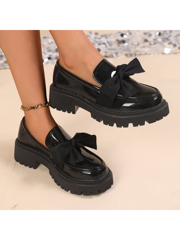 Womens Chunky Loafers Women's Patent Leather Bow Platform Loafers 5cm Thick Heel Slip On Comfort Fashion Shoes Women's Shoes,Size:6.5