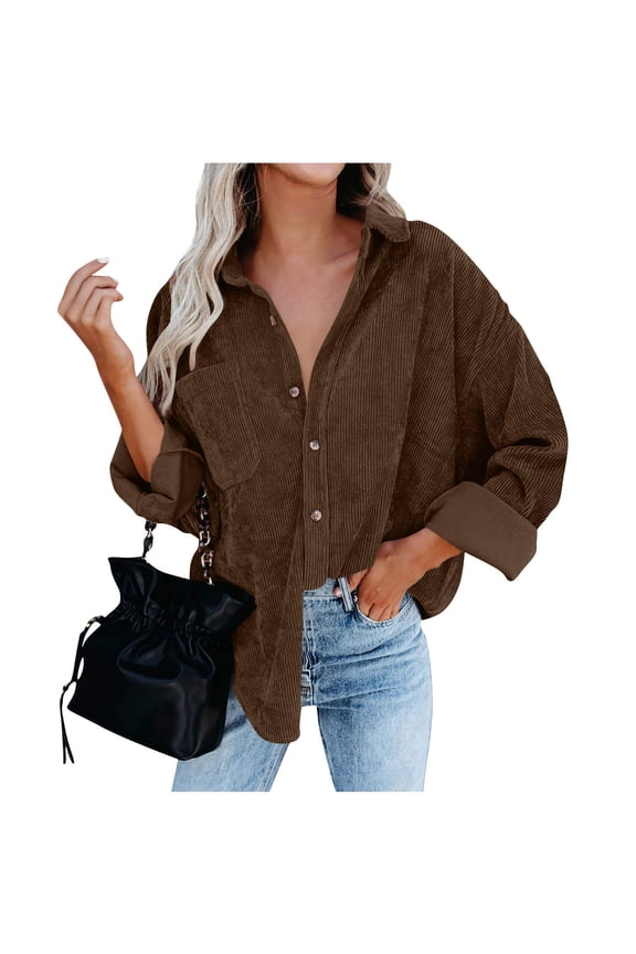 Womens Corduroy Jacket Long Sleeve Button Up Loose Casual Coat with Pockets Casual Outerwear Jackets for Women Fashion Solid Color Lightweight Lapel Top