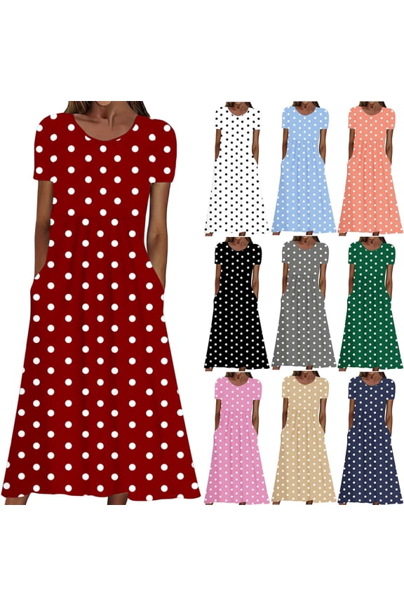 Womens Dresses Women Fashionable And Comfortable V-neck Elastic Non Positioning Polka Casual Round Neck Short Sleeved Dress Beach Sun Dresses Red_2XL