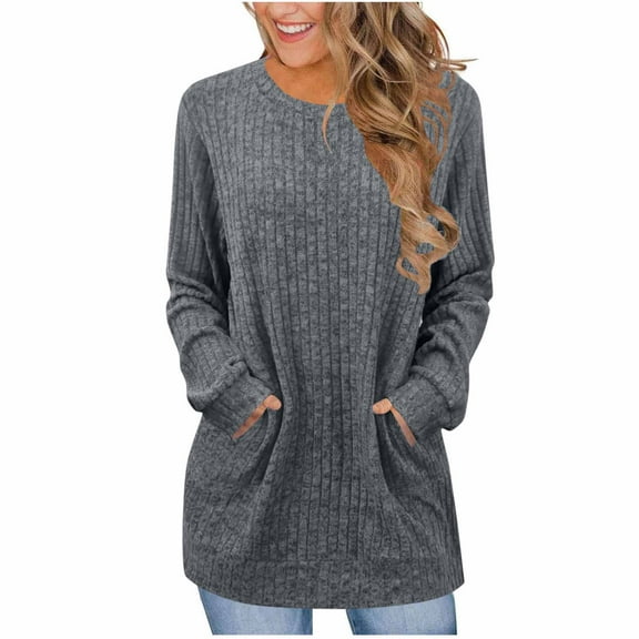 Vibrex Womens Fall Tops Fashion Women's Casual Solid Color Round Neck Long Sleeve T-shirt Top with Pocket Blouse Oversize Stretchable Loose Lightweight Going Out Tops for Women Work Travel Clothes