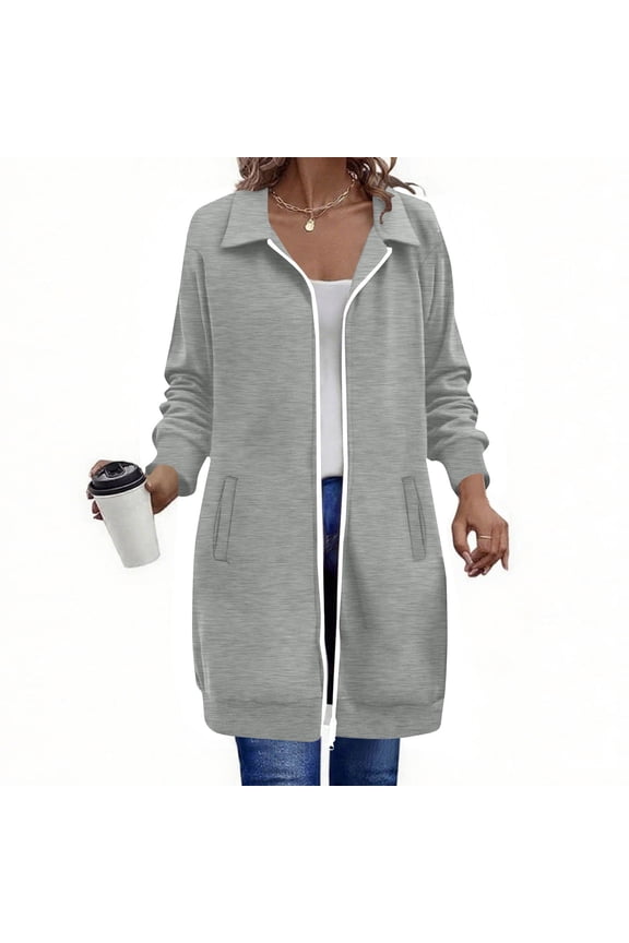 Womens Long Jacket Casual Women's Fashion Solid Color Long Sleeve Hooded Pocket Zipper Lapel Tops Sweatshirts Outerwear Hiking Jacket Fall Winter Jacket Lightweight Coat with Pocket
