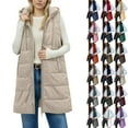 thumbnail image 1 of Vibrex Womens Long Puffer Vest 2025 Winter Warm Quilted Sleeveless Jackets with Hood Stand Collar Puffy Zip Up Fall Outerwear with Hood Outdoor Down Coat, 1 of 11