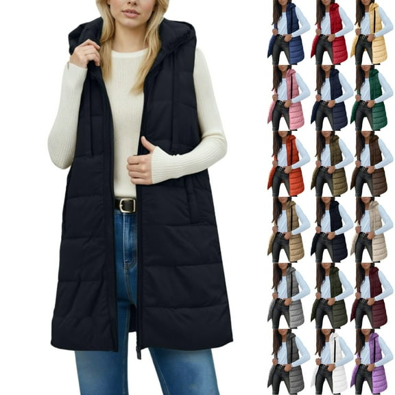 Vibrex Womens Long Puffer Vest 2025 Winter Warm Quilted Sleeveless Jackets with Hood Stand Collar Puffy Zip Up Fall Outerwear with Hood Outdoor Down Coat