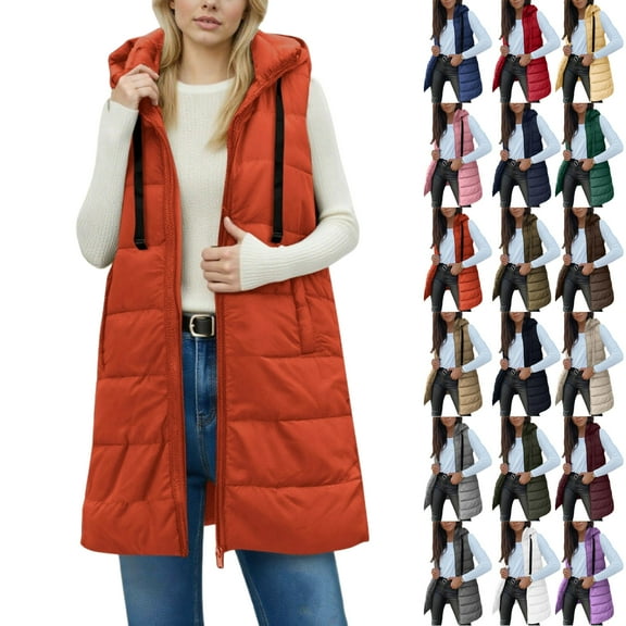 Vibrex Womens Long Puffer Vest 2025 Winter Warm Quilted Sleeveless Jackets with Hood Stand Collar Puffy Zip Up Fall Outerwear with Hood Outdoor Down Coat