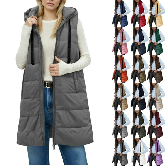 Vibrex Womens Long Puffer Vest 2025 Winter Warm Quilted Sleeveless Jackets with Hood Stand Collar Puffy Zip Up Fall Outerwear with Hood Outdoor Down Coat