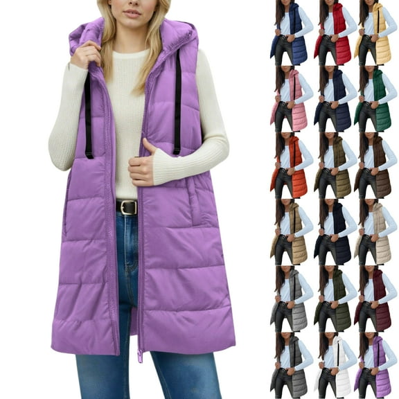 Vibrex Womens Long Puffer Vest 2025 Winter Warm Quilted Sleeveless Jackets with Hood Stand Collar Puffy Zip Up Fall Outerwear with Hood Outdoor Down Coat