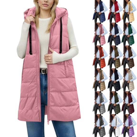 Vibrex Womens Long Puffer Vest 2025 Winter Warm Quilted Sleeveless Jackets with Hood Stand Collar Puffy Zip Up Fall Outerwear with Hood Outdoor Down Coat