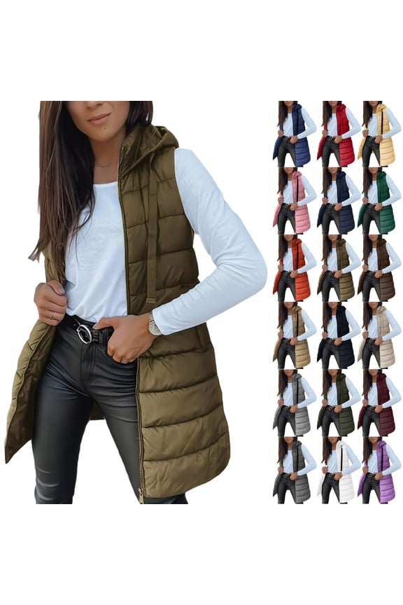 Womens Long Puffer Vest 2025 Winter Warm Quilted Sleeveless Jackets with Hood Stand Collar Puffy Zip Up Fall Outerwear with Hood Outdoor Down Coat