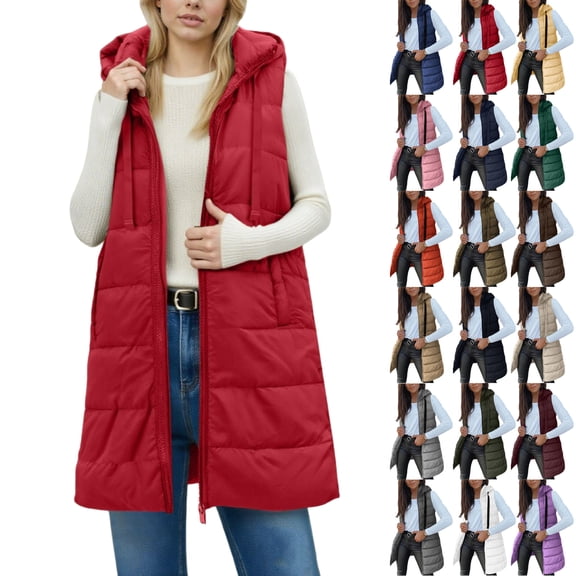 Vibrex Womens Long Puffer Vest 2025 Winter Warm Quilted Sleeveless Jackets with Hood Stand Collar Puffy Zip Up Fall Outerwear with Hood Outdoor Down Coat