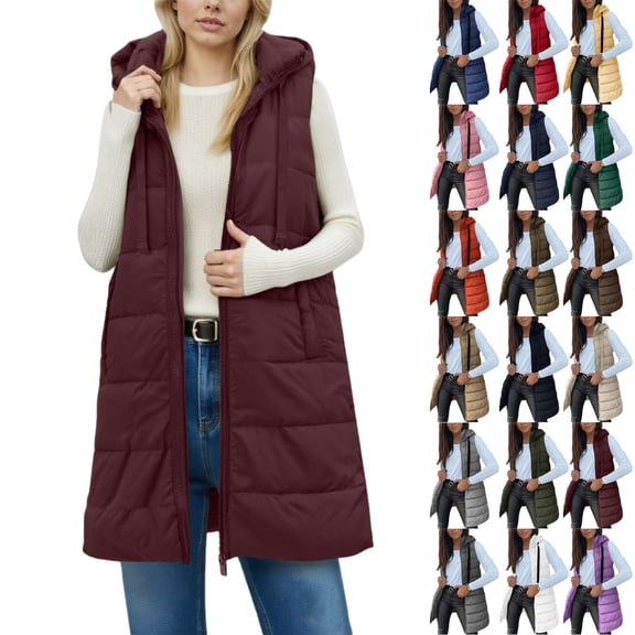 Vibrex Womens Long Puffer Vest 2025 Winter Warm Quilted Sleeveless Jackets with Hood Stand Collar Puffy Zip Up Fall Outerwear with Hood Outdoor Down Coat
