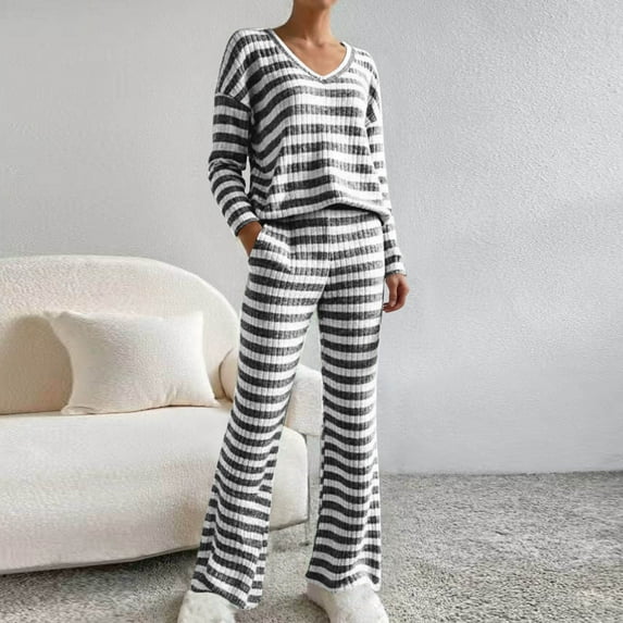 Vibrex Womens Pajama Sets, Women Casual Stripe V-Neck Long Sleeve Blouse Fashion Long Pants Pajamas Suit Sets Breathable Pajamas