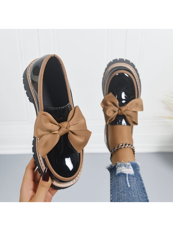 Womens Platform Loafers Women's Patent Leather Bow Loafers Platform Sole Slip On Spring Summer Comfort Shoes Women's Shoes,Size:9