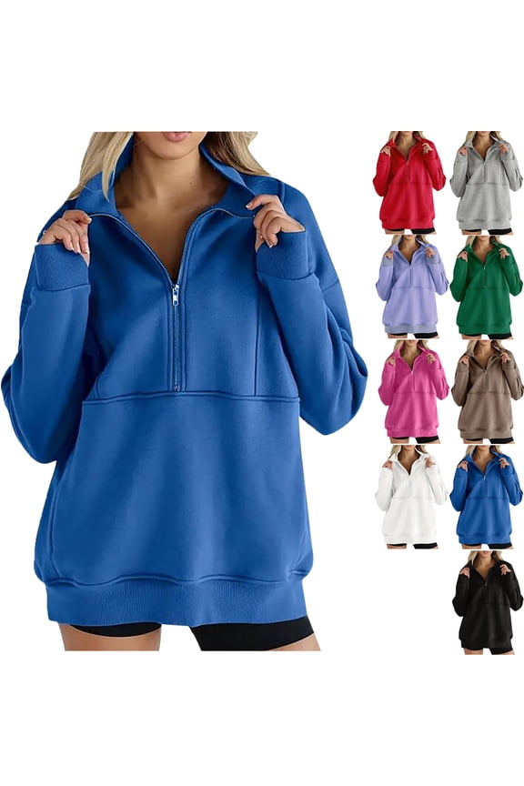 Womens Quarter Zip Oversized Sweatshirts Pullover Hoodies Lapel Zipper Sweatshirt Fall Workout Jacket Loose Pullover Tops Ladies' Casual Loose Long-sleeved Solid Color Comfortable Hooded