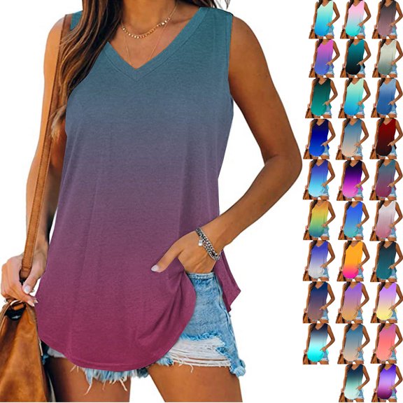Vibrex Womens Summer Tank Tops Beach Vacation Casual Gradient Sleeveless Shirts Spring Fashion Outfits Workout Loose Sleeveless Tees Blouses