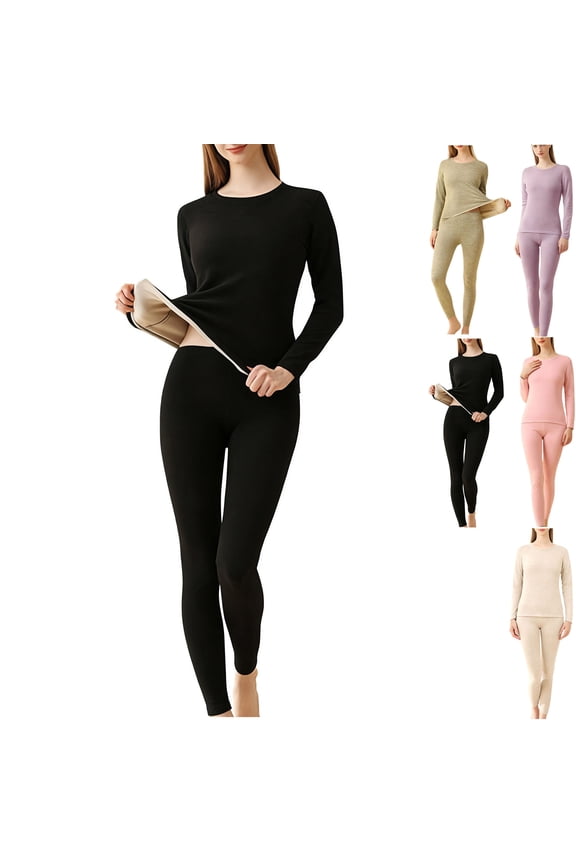 Womens Thermals Top and Bottom Set Ladies' Casual Long Sleeved Round Neck Casual Top and Pants Warm Underwear Set Crewneck Sweatshirts Set Comfortable Soft Base Layer Women Cold Weather