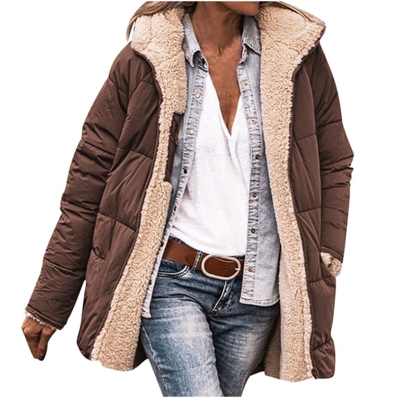 Vibrex Womens Winter Jacket Casual Solid Color Loose Pocket Zipper Hoodie Short Coat Outerwear Jackets for Women Zip Up Fleece Lined Jacket Warm Oversized Puffer Down Jackets Outerwear
