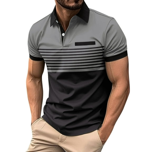 Vibrex Workout Shirts for Men Button Down Turn Down Collar Top Short Sleeved Stripe Sports Top Shirt Men's Casual Summer Classic Collared Golf Shirt