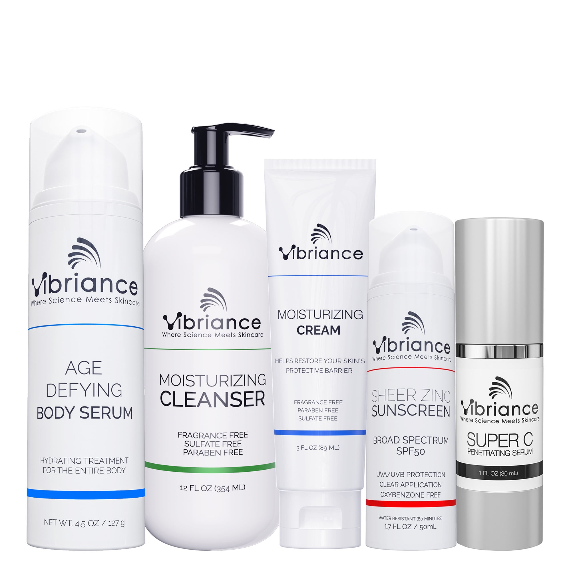Vibriance Premium Skincare Bundle | Super C All-in-One Serum, Face Cleanser, Moisturizing Cream, Sheer Zinc Sunscreen SPF 50, Age Defying Body Creme - Heal, Hydrate, Protect, Rejuvenate