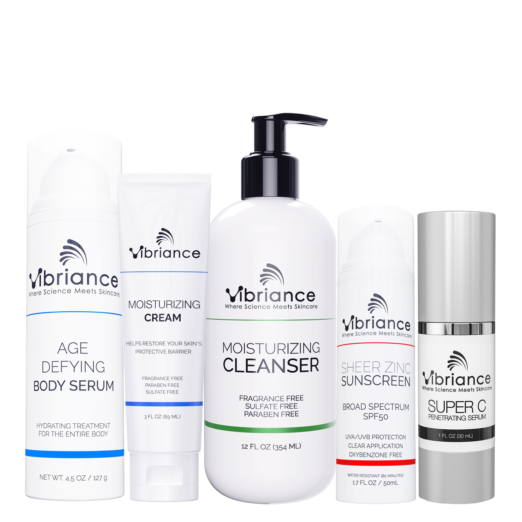 Vibriance Premium Skincare Bundle | Super C All-in-One Serum, Face Cleanser, Moisturizing Cream, Sheer Zinc Sunscreen SPF 50, Age Defying Body Creme - Heal, Hydrate, Protect, Rejuvenate