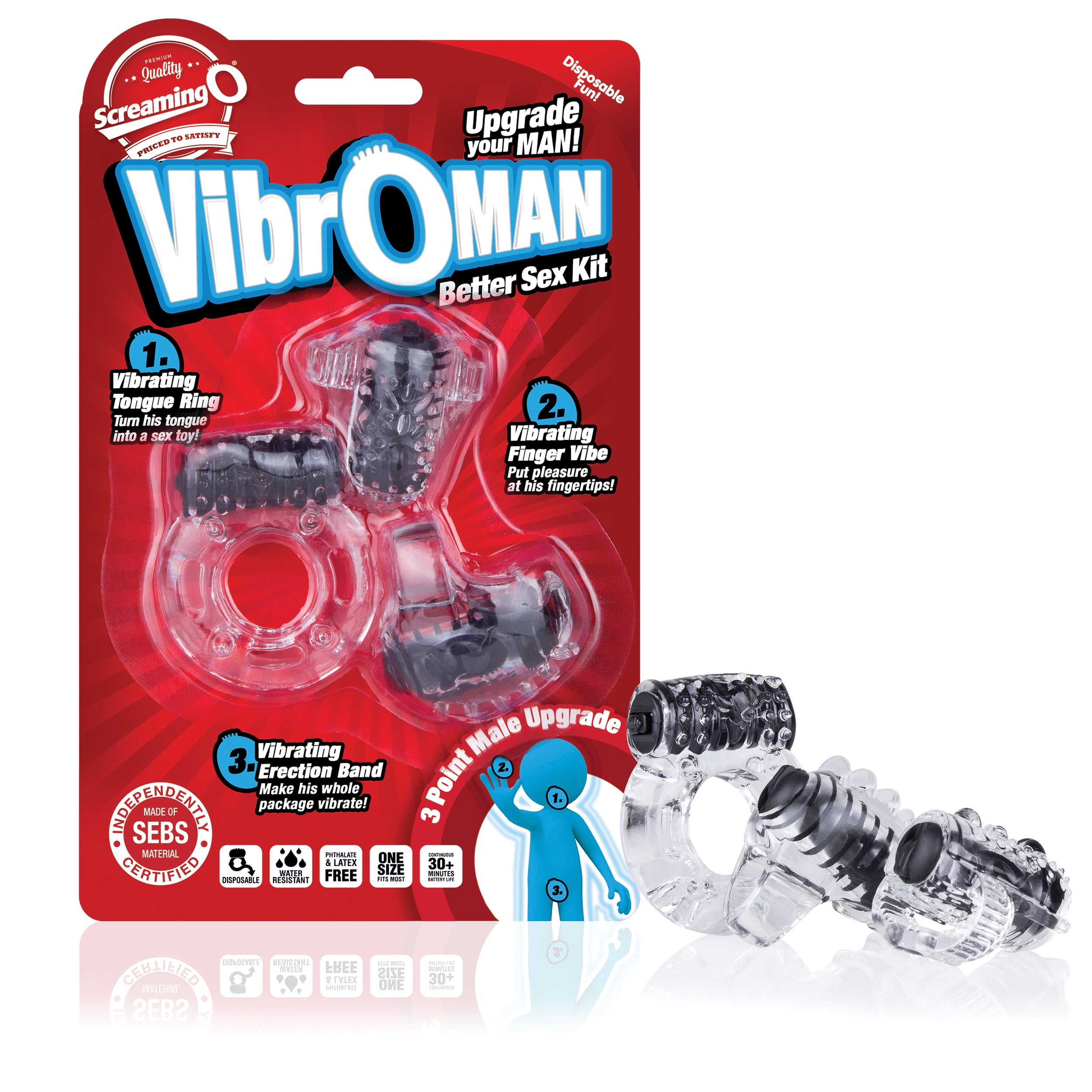 Vibroman Three Piece Couples Sex Kit by Screaming O Pleasure Products, Includes Vibrating Tongue Ring, Finger Vibrator and Vibrating Erection Band 