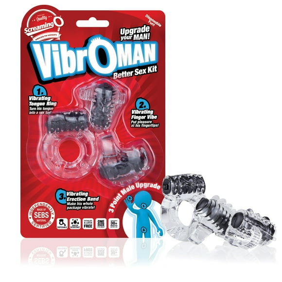 Vibroman Three Piece Couples Sex Kit by Screaming O Pleasure Products, Includes Vibrating Tongue Ring, Finger Vibrator and Vibrating Erection Band